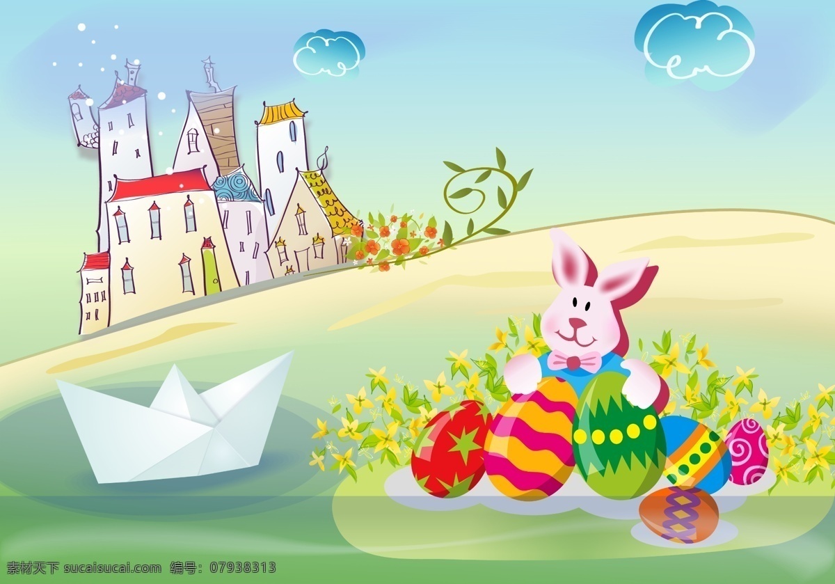 复活节卡通 兔子 复活节 彩蛋 卡通 房子 花卉 白色