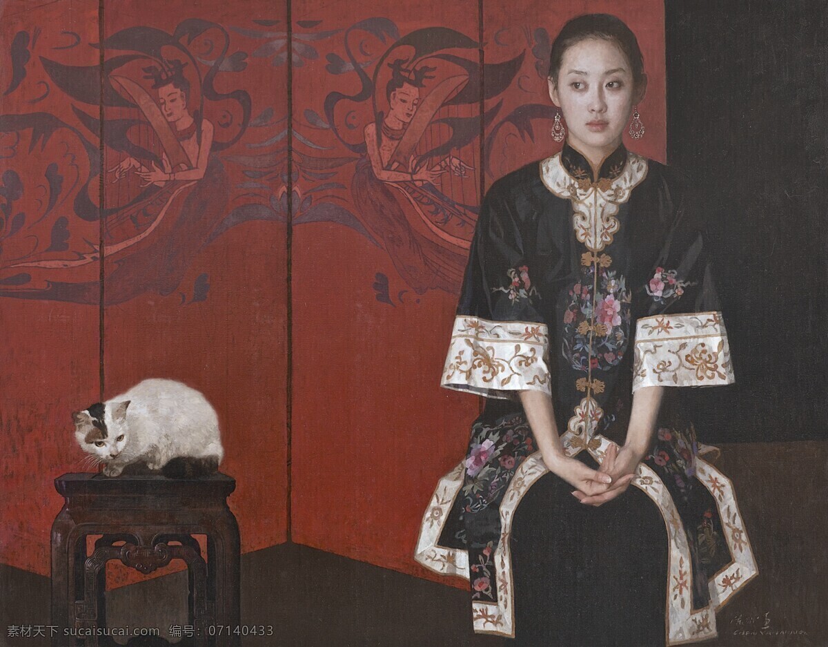 绘画书法 文化艺术 油画 女人 猫 设计素材 模板下载 女人与猫 陈逸飞作品 飞天画屏 小花猫 女士坐像 中国现代艺术