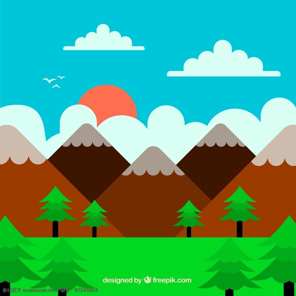 日落 美丽 景观 美丽景观 云朵 大山 树木 太阳