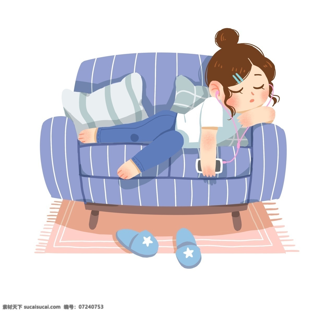 沙发 睡觉 女孩 世界 睡眠 日 插画 蓝色的沙发 漂亮的小女孩 蓝色的拖鞋 卡通人物
