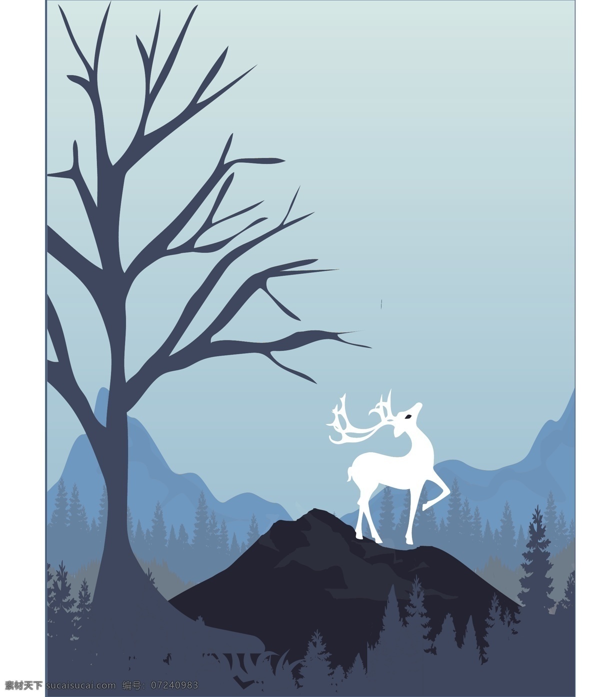 蓝色 北欧 森林 麋鹿 装饰画 麋鹿装饰画 蓝色装饰画 森林装饰画 墙画 壁画 挂画 北欧风