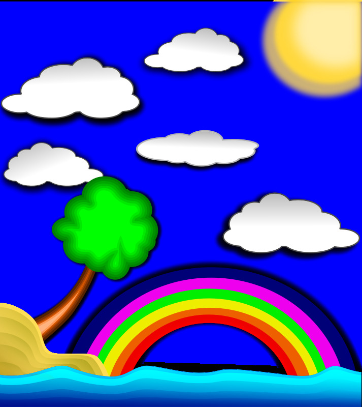 彩色的手绘画 彩色 手绘画 彩虹 白云 蓝色天空 树