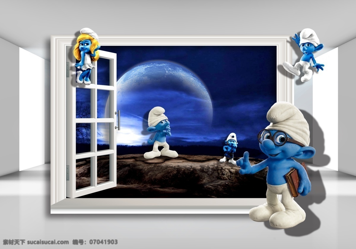 3d蓝精灵 3d背景 蓝精灵 夜景 月亮 窗户 简约 3d背景墙 沙发背景墙 电视背景墙 分层