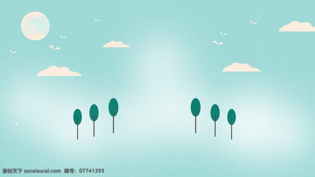 两 排 小树 蓝天 白云 绿色 背景 卡通 两排