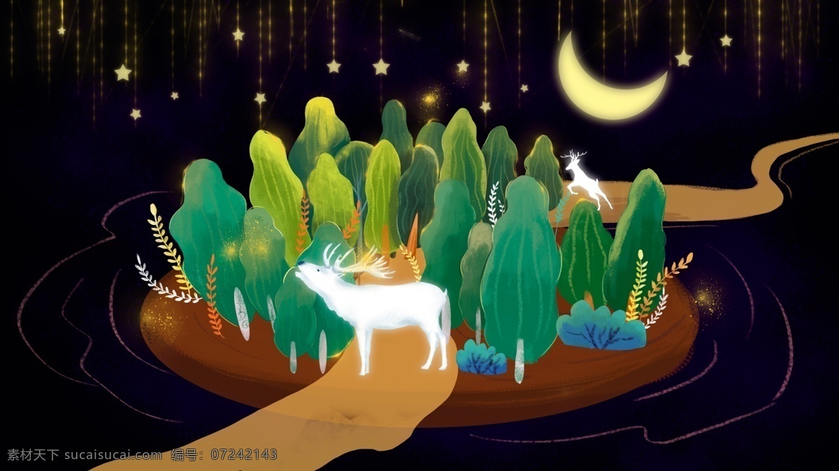 手绘 夜晚 月光 森林 鹿 植物 星星 插画 绿色 森林与鹿 树木 月亮 黑夜 路 扁平风