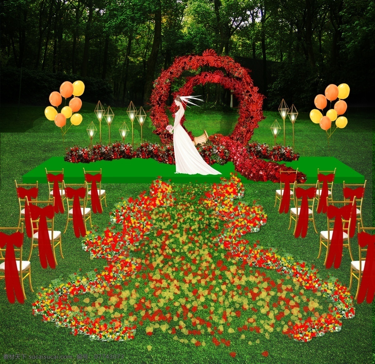 户外 婚礼 效果图 红绿 户外婚礼 竹节椅 气球