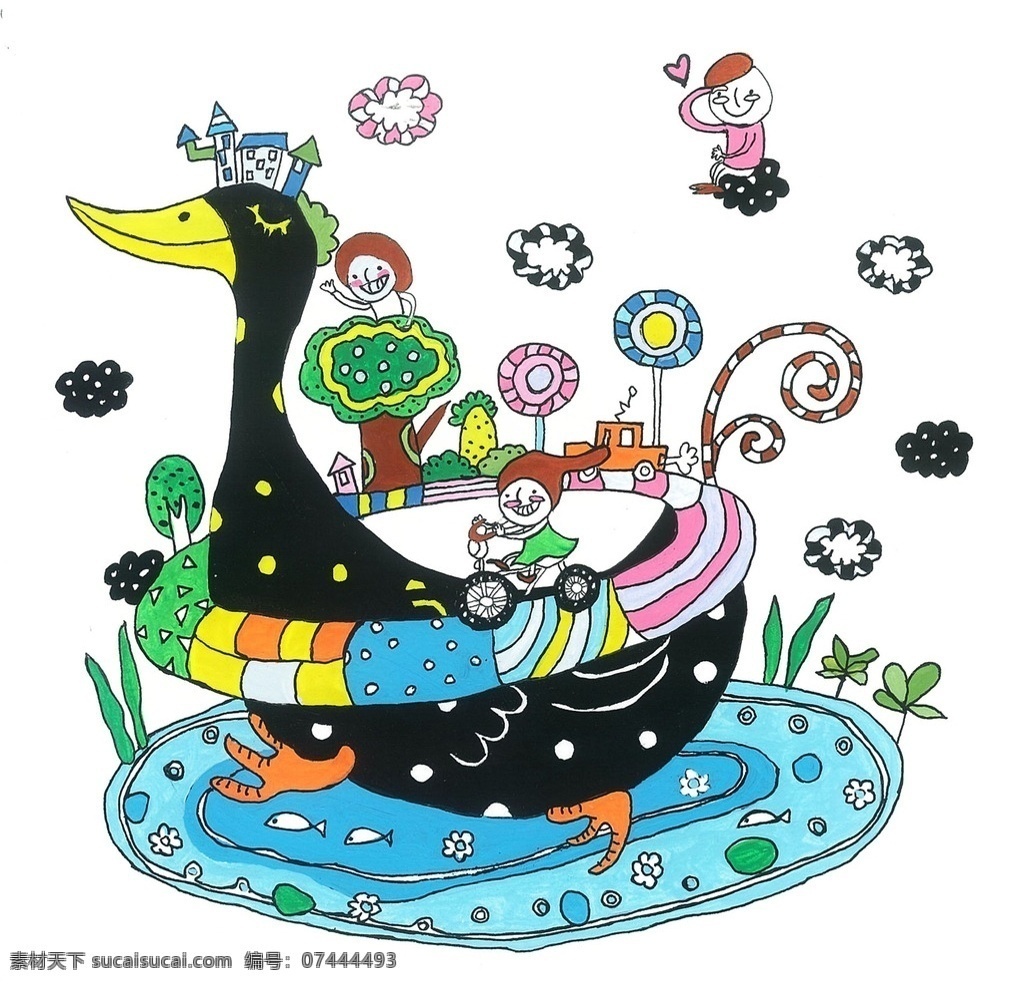 儿童画 怪物 可爱 鸭子 插画 绘画书法 文化艺术