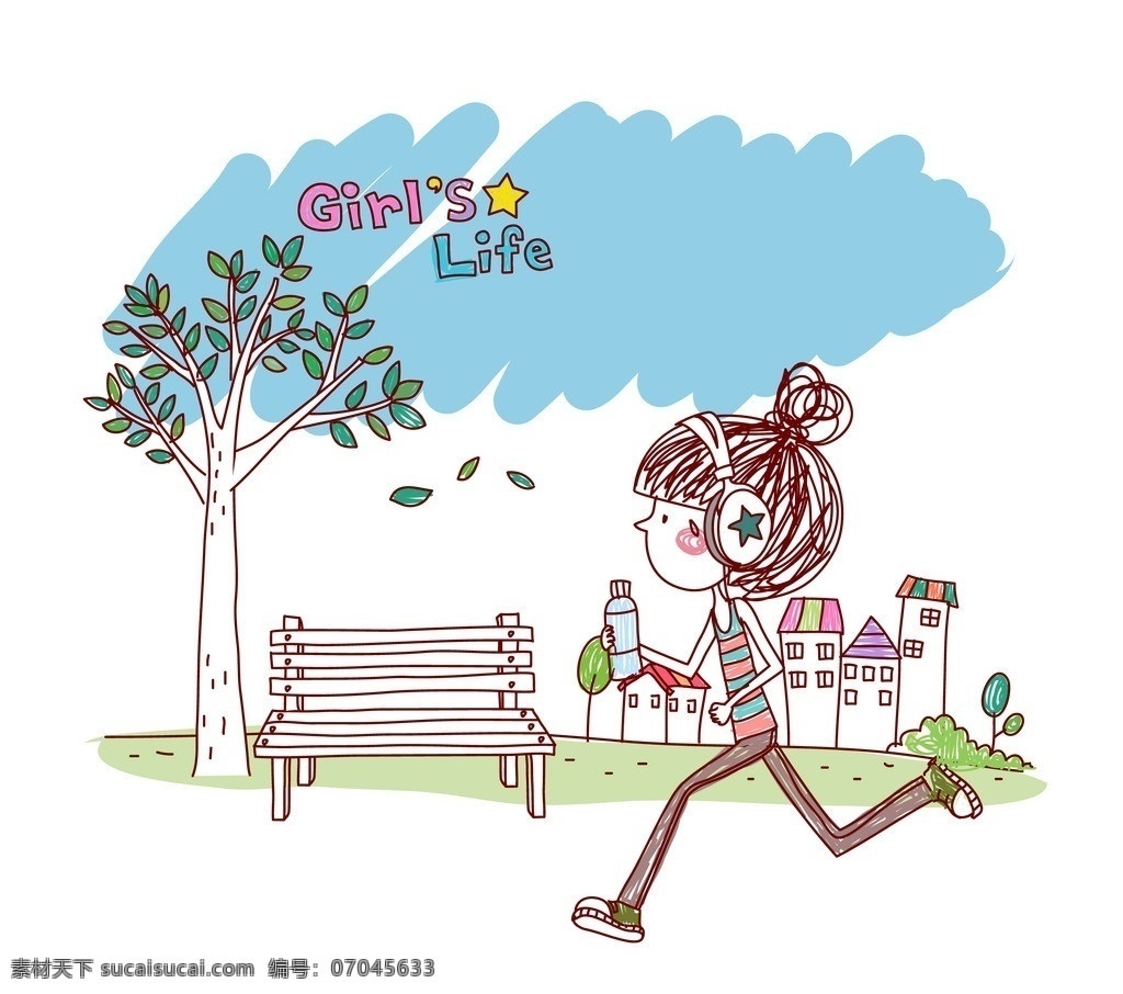 晨 跑 听 音乐 女孩 晨跑 城市 房屋 树木 长椅 星星 插画 水彩 背景画 卡通 图画素材 童话世界 背景素材 卡通人物 儿童 儿童世界 卡通设计 幼儿卡通 矢量卡通插画 矢量素材 其他矢量 矢量