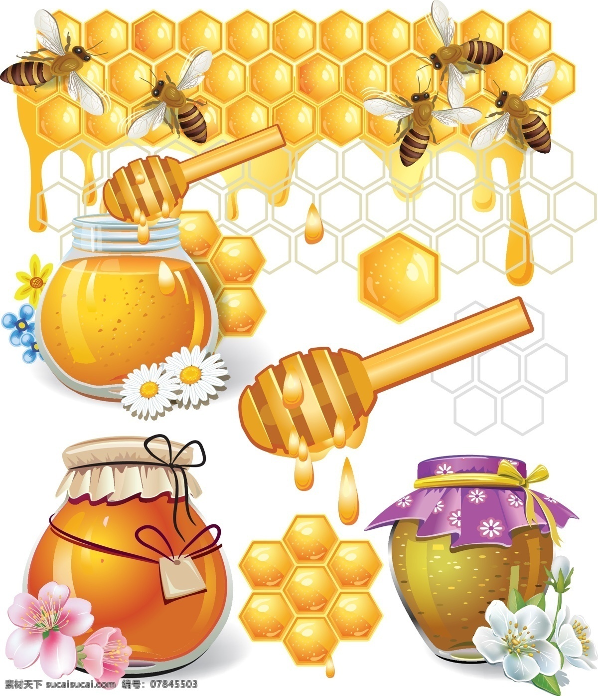 卡通 蜜蜂 蜜糖 卡通蜜蜂 蜂蜜 蜜罐 卡通花朵 生活百科 矢量素材 白色