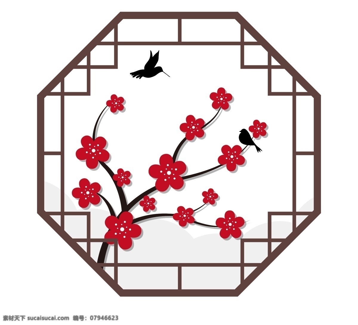 中国 风 矢量 手绘 红色 梅花 古典 窗 商用 元素 中国风 喜庆 简约 喜鹊 古典窗 装饰元素 冬