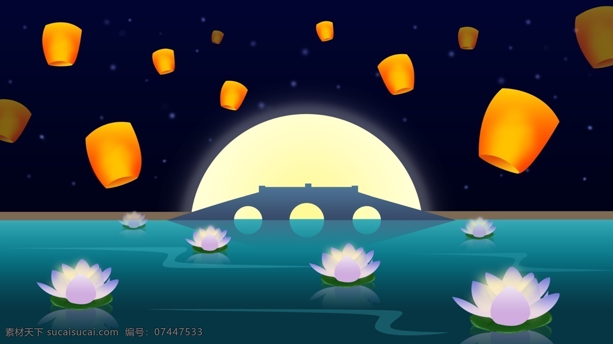 原创 插画 中元节 寄 思念 诗意 唯美 场景 月亮 夜晚 壁纸 渐变 孔明灯 河灯 背景 祈愿 矢量