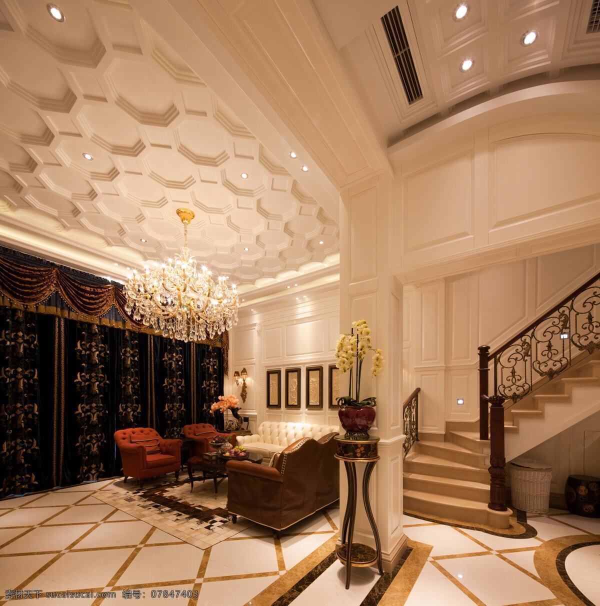 室内 大厅 现代 欧式 豪华 装修 效果图 黄色灯光 欧式石雕门 金属工艺楼梯 创意吊顶