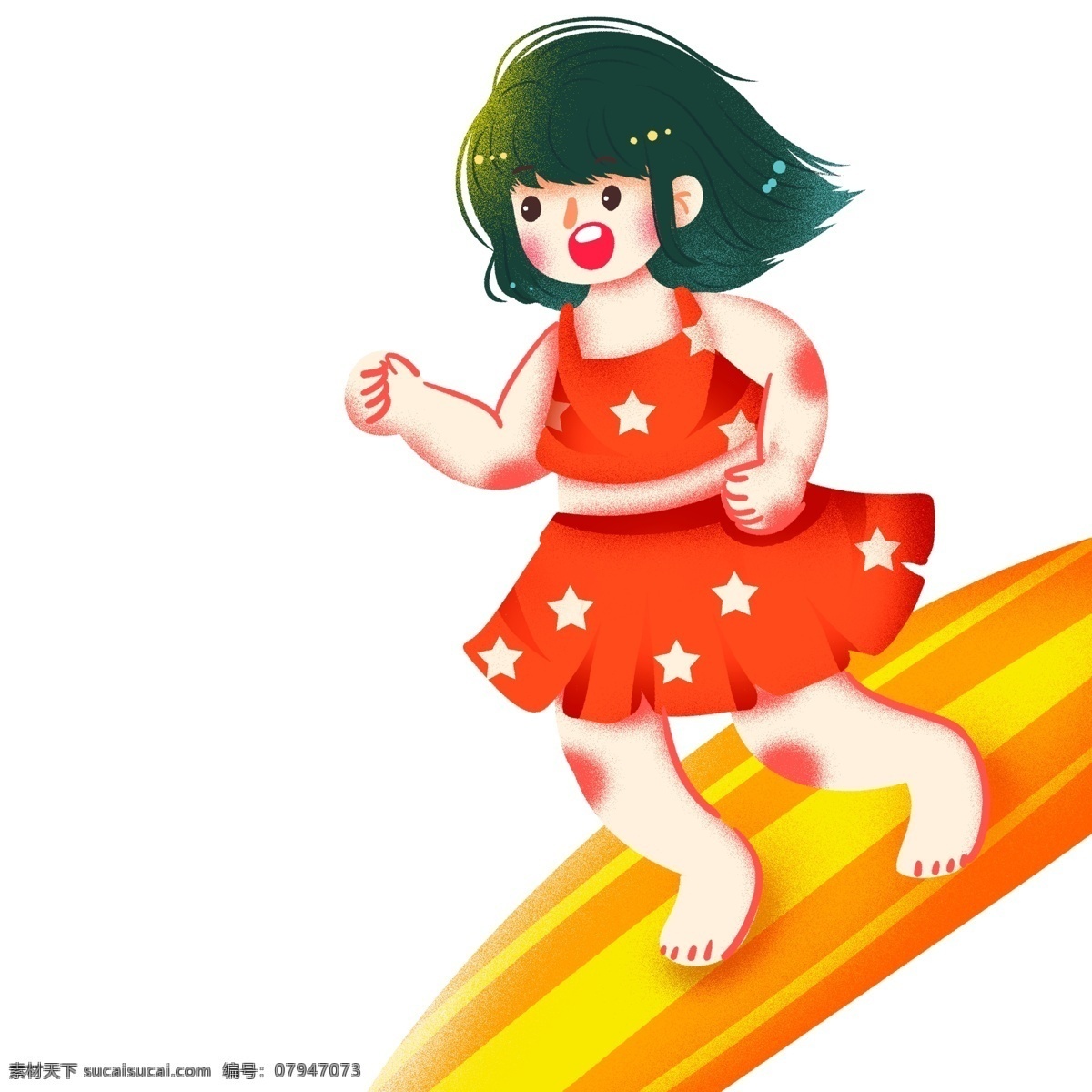 清新 手绘 一个 冲浪 女孩子 卡通 可爱 插画 人物 治愈系