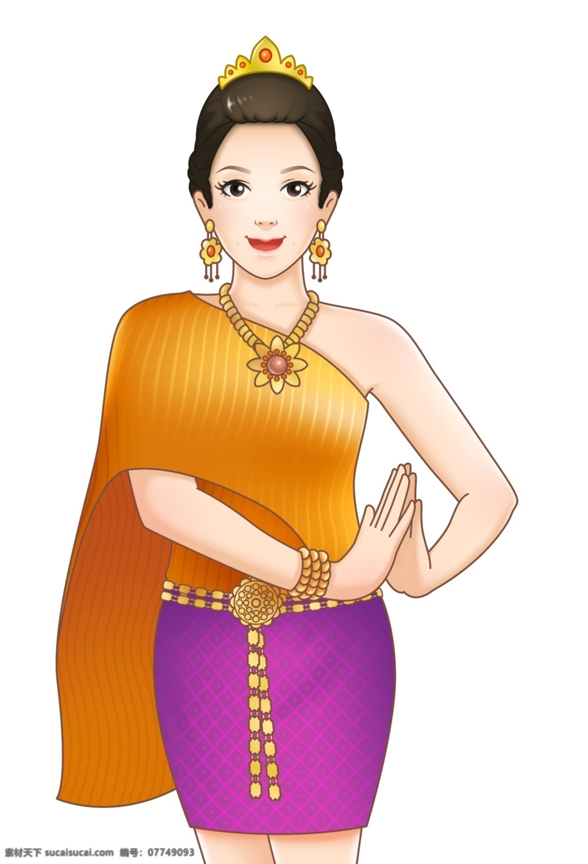 泰国女人 泰国 风情 女人 手绘 插画 角色 卡通 皇冠 项链 风俗 民族 金色 动漫动画 动漫人物