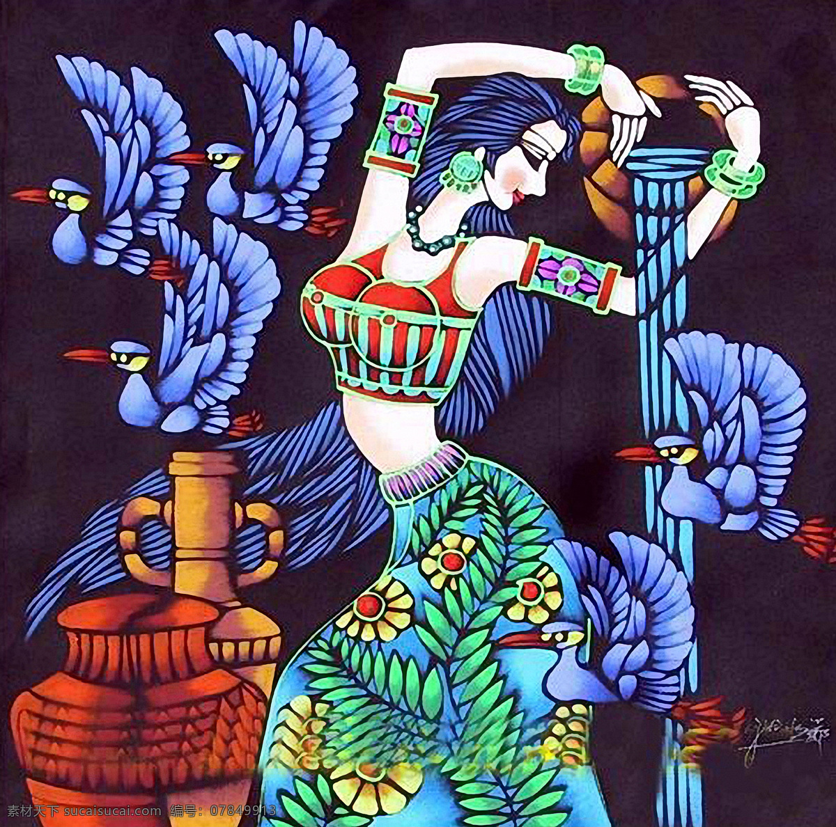 民族风情 美术 绘画 中国画 工笔画 人物画 女人 女子 苗族姑娘 动作 表情 中式装饰画 文化艺术 绘画书法 黑色九月