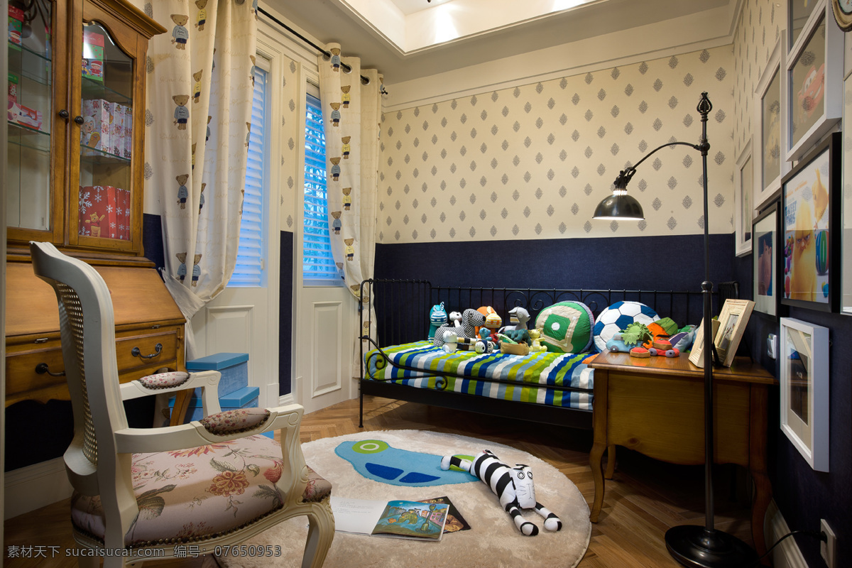 中式 风格 儿童 房 装修 效果图 白色衣柜 可爱 蓝色背景墙 清新 湛蓝