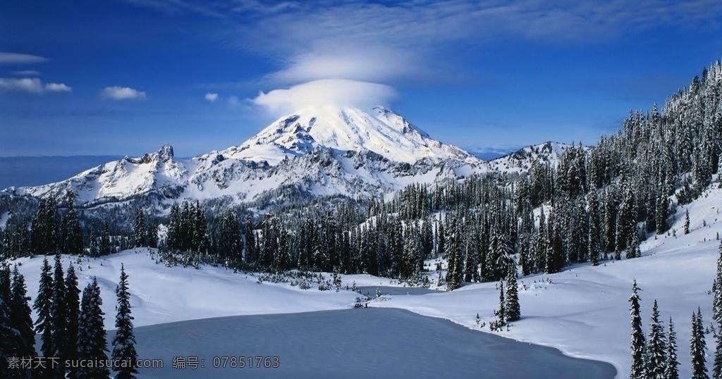 雪山树林 美丽景色 雪山 雪地 树木 蓝天 白云 自然风景 自然景观 风景名胜