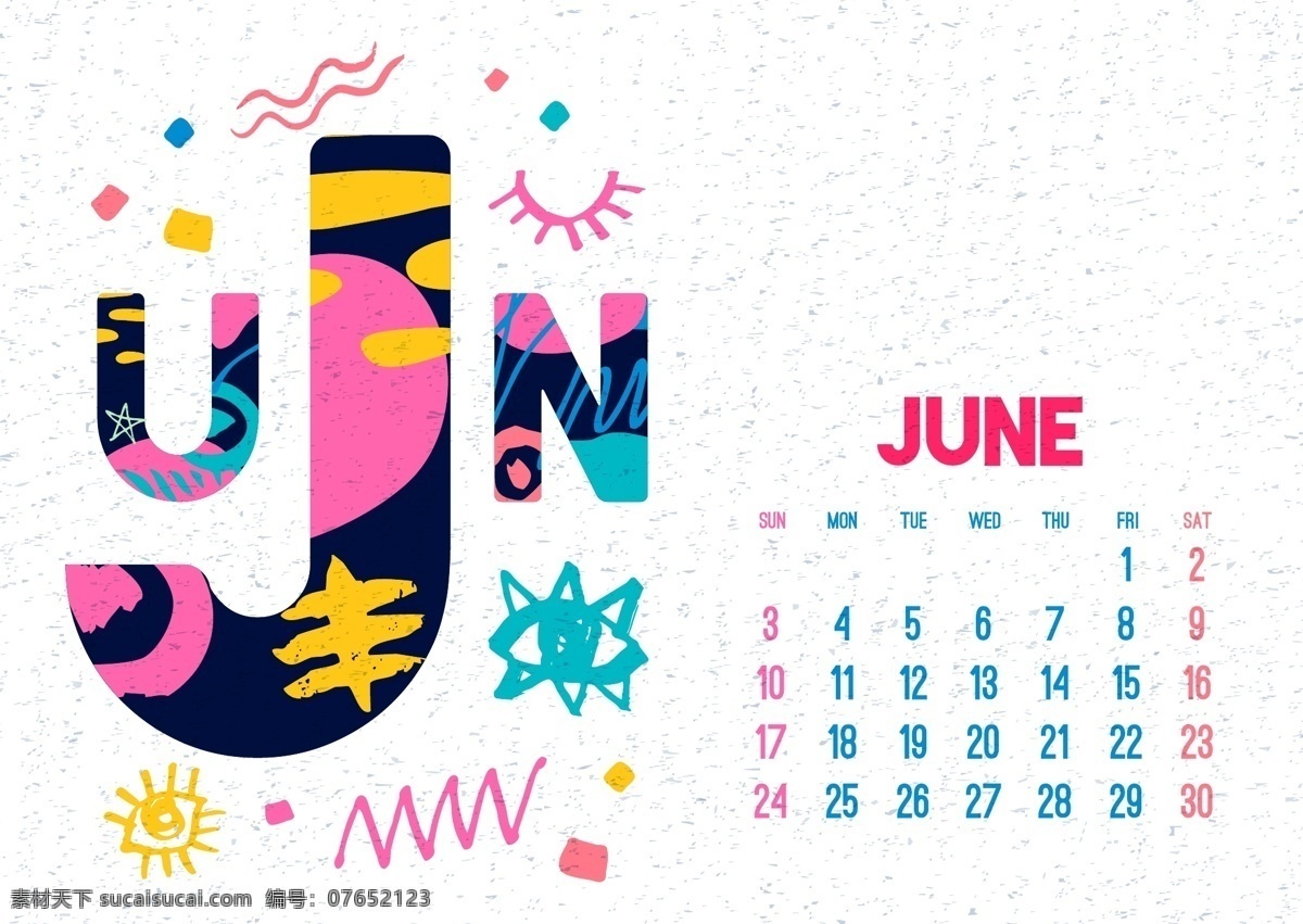 六月 2018 年 日历 矢量 台历 节日 卡通 艺术 矢量素材 18年台历 水彩 绘画 幻彩 日程 彩色 设计素材 平面素材