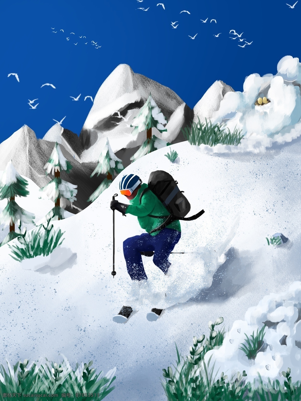 晴空 雪山 极限 滑雪 写实 插画 草丛 山脉 石头 蓝天 滑雪者 雪坡