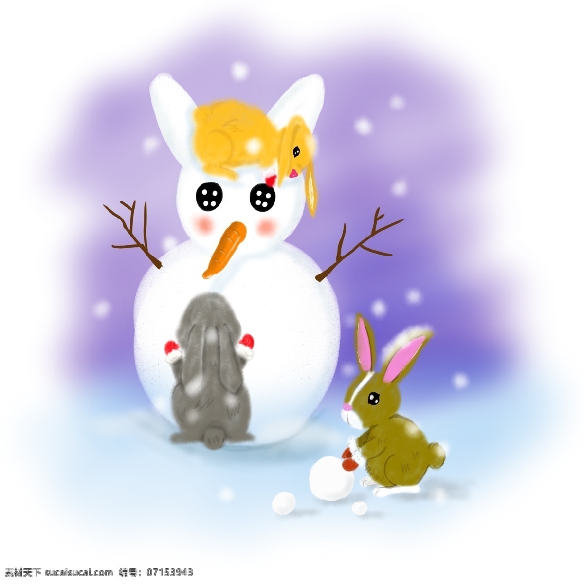 手绘 冬日 雪景 复活节 兔子 商用 插画 元素 冬日雪景 白色 手绘风 雪人 滚雪球兔子