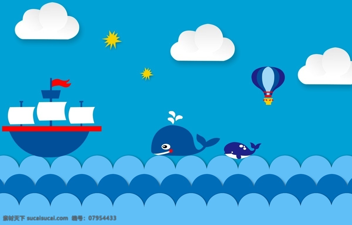 现代 简约 手绘 卡通 背景 墙 装饰画 蓝色 大海 船 波浪 蓝天白云 男孩卧室 鲸鱼 海豚
