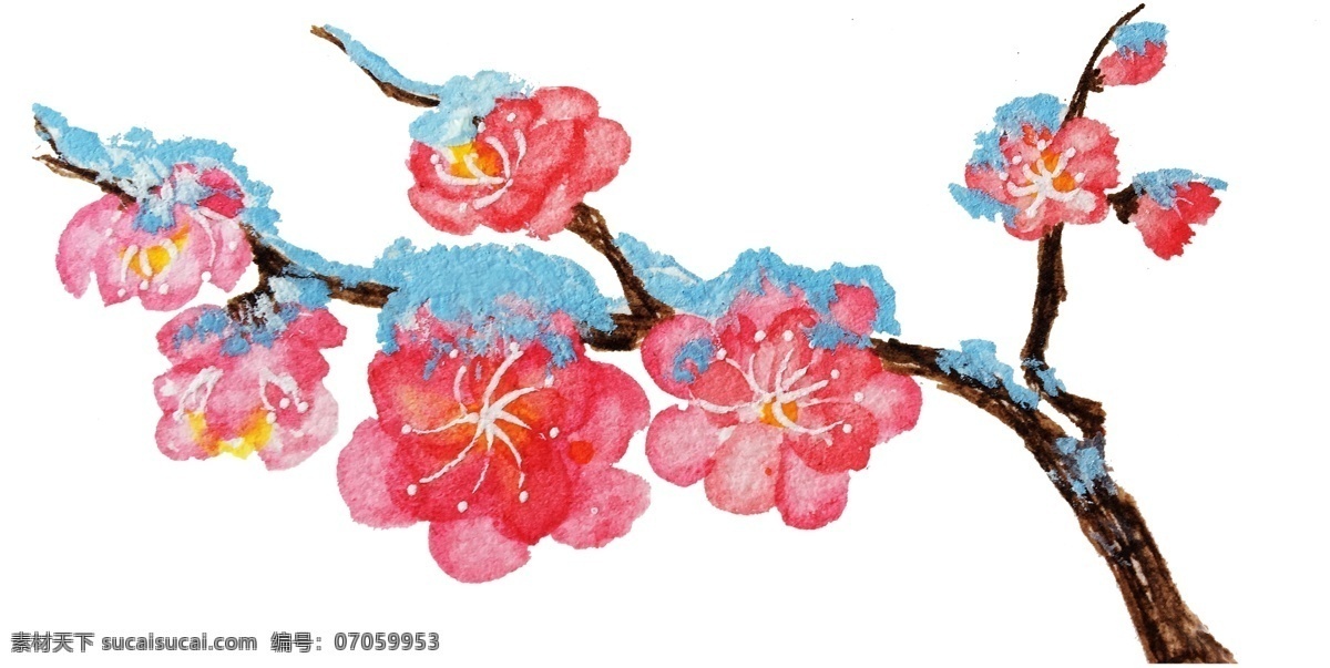 手绘 雪 压 梅朵 插画 手绘雪压梅朵 雪中梅花 梅花枝 雪中寒梅 红梅花枝 冬梅 卡通梅花枝 冬季梅花插画