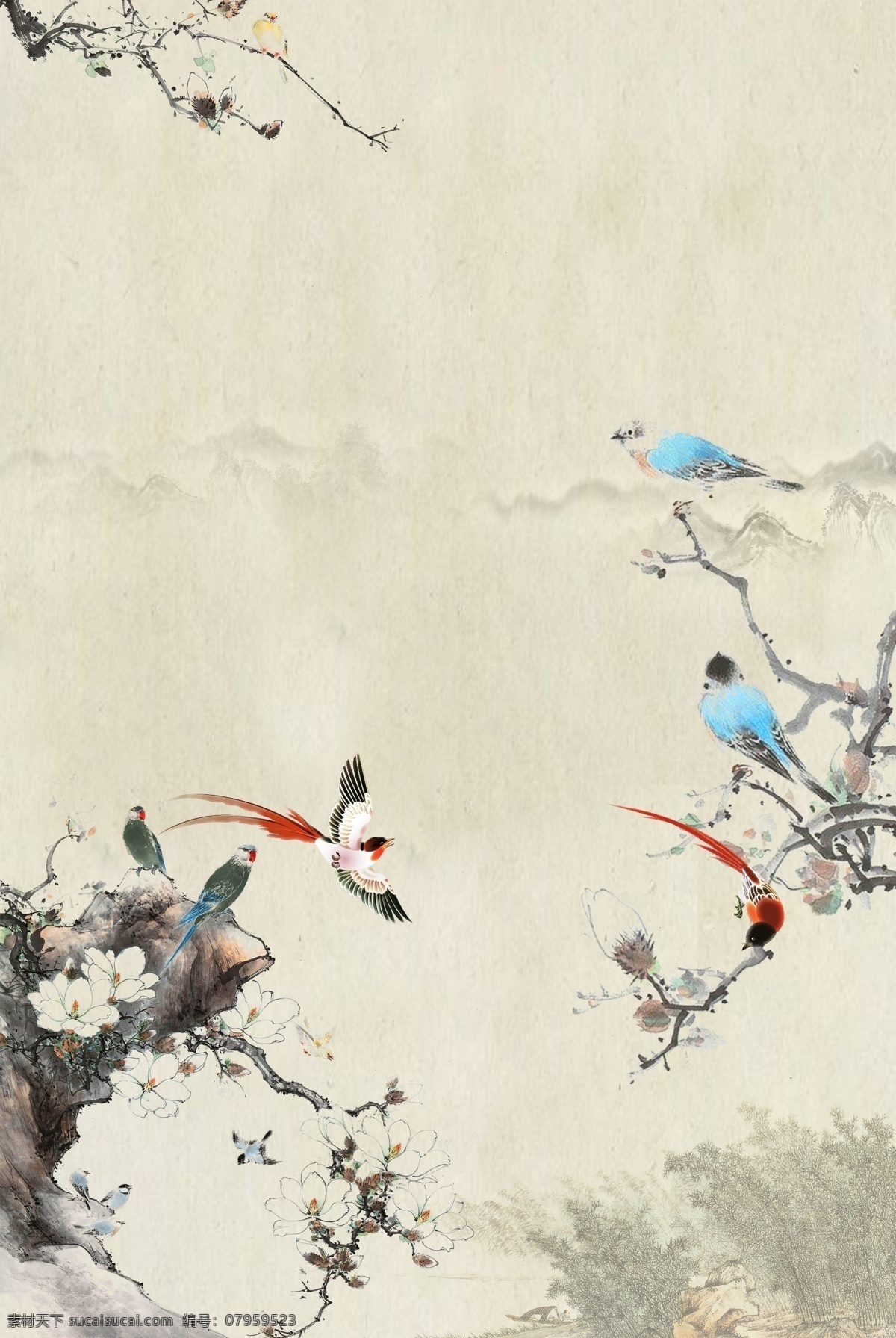 古典 复古 中国 风 远山 近 鸟 背景 海报 中国风 祥云 太 荷花 荷叶 荷塘 工笔画 花卉 山水 水墨 宫廷