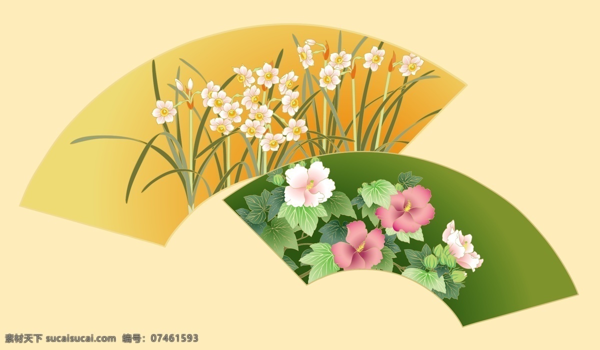 日式花布 日式 花布 水仙花 牽牛花 扇子 日式背景 黄色