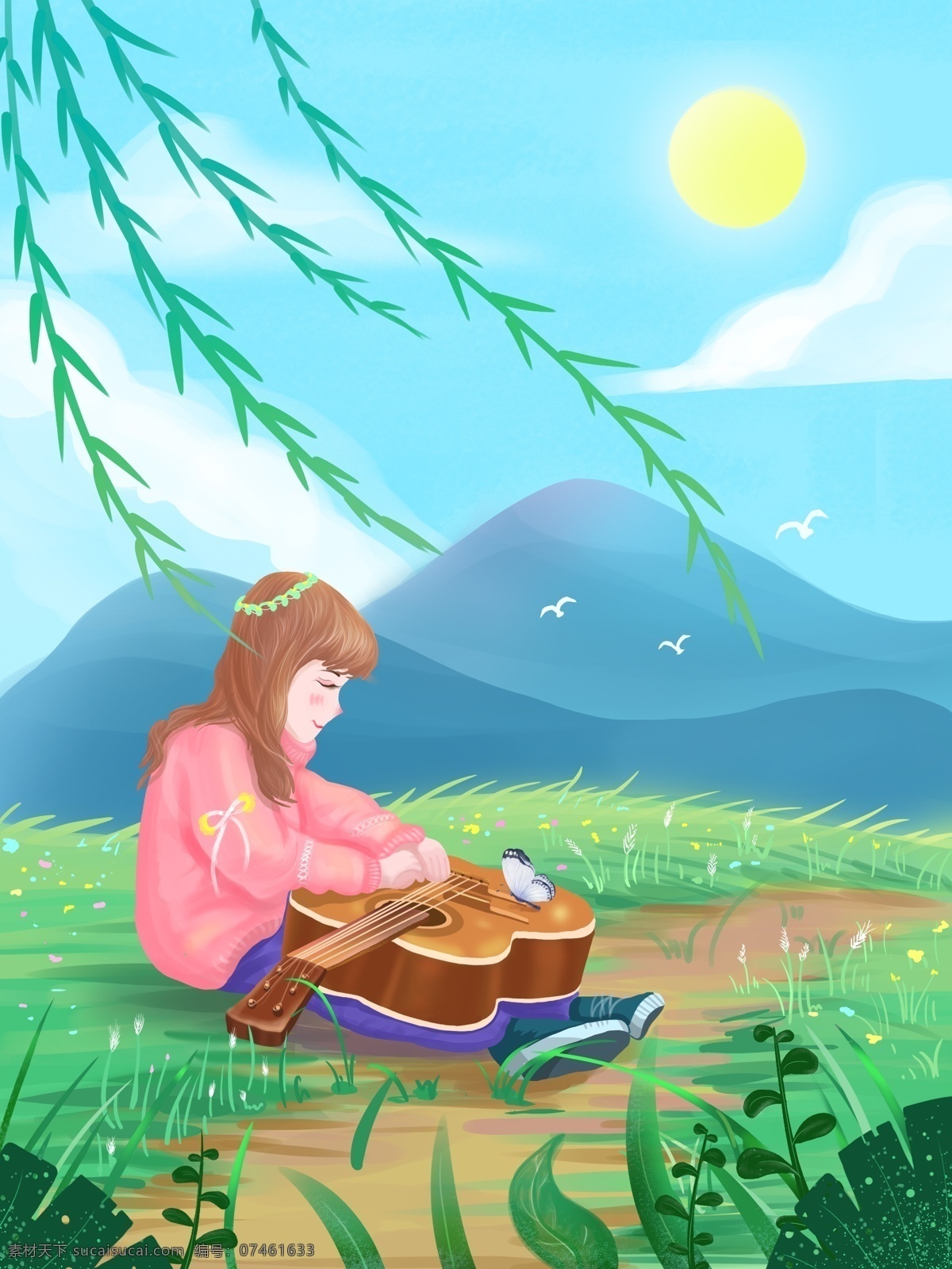 儿童节 女孩 阳光 下 弹 吉他 正 能量 插画 儿童 室外 绿色 草地 清晨 活泼 可爱 活力 原创 小清新 树叶