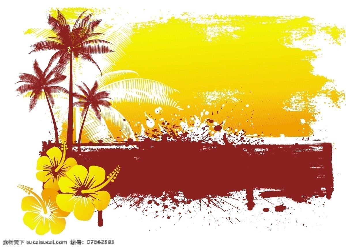 芙蓉花 椰子树 水彩 笔触 夏天 背景 水彩笔触 夏天背景