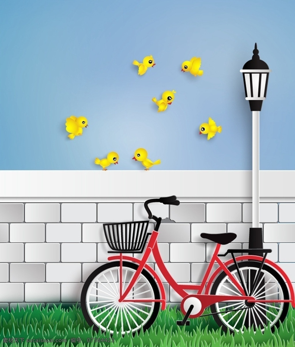 单车 黄色 小鸟 路灯 天空 草地 矢量 高清图片