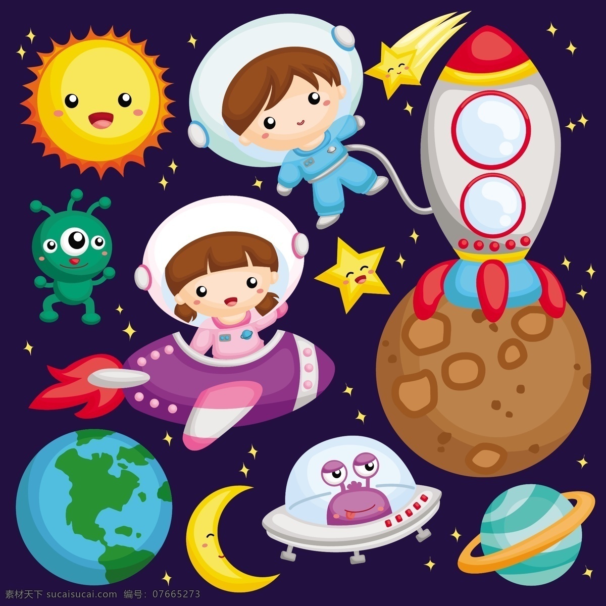 宇宙 外 太空 创意 插画 卡通 可爱 儿童 人物 宇航员 墙绘 海报 生日卡片 背景矢量 星球 球体 外太空 宇宙飞船 动漫动画