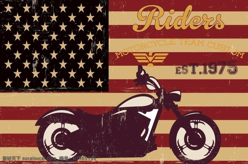 怀旧 美国 国旗 背景 摩托车 机车 复古 背景墙移门 环境设计 其他设计