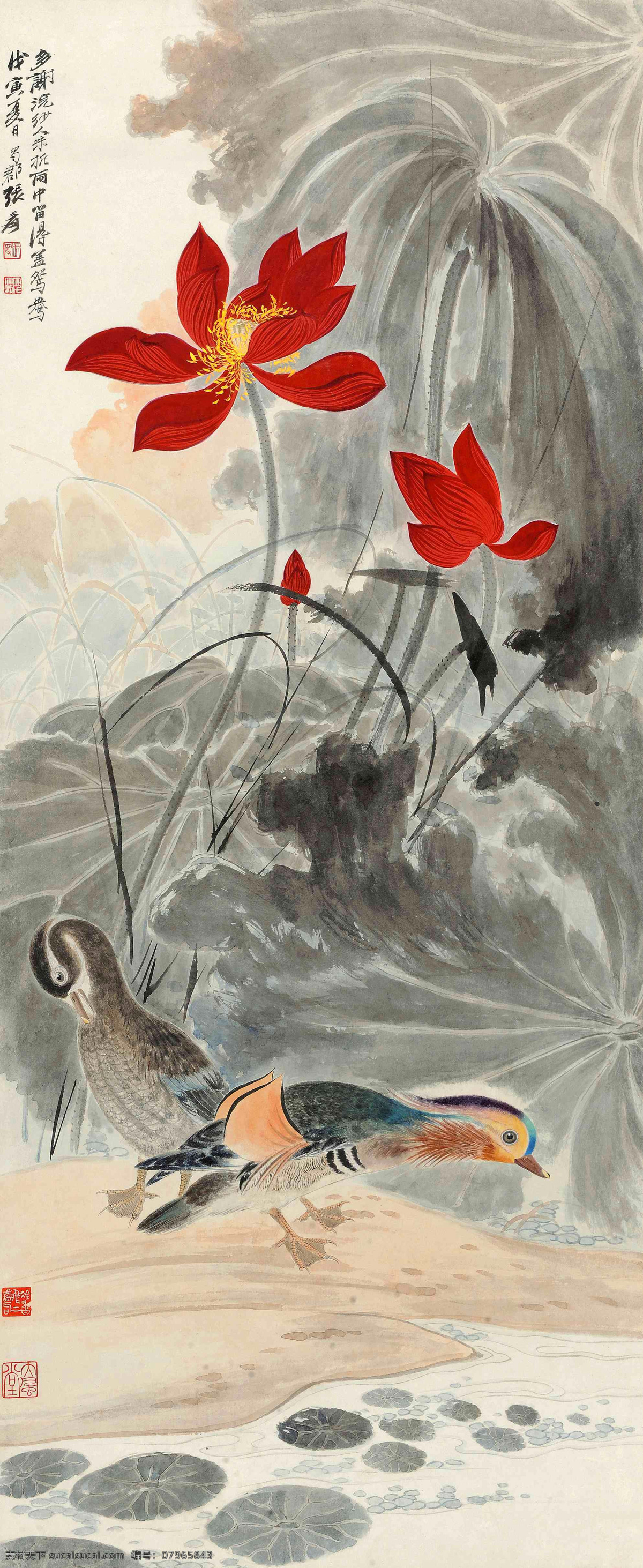 张大千 国画 荷花鸳鸯 鸳鸯 幽香 清幽 荷塘 清新淡雅 荷塘倩影 绘画书法 文化艺术 荷花 清韵