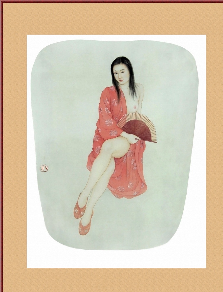 工笔画美女 工笔画 已装裱 字画 美女 美人 扇子 绘画书法 文化艺术