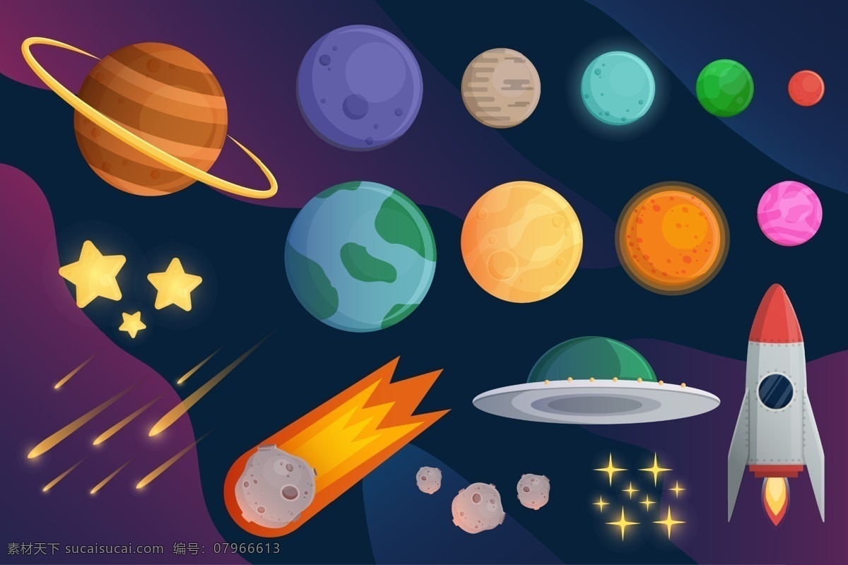 行星合集 卡通 插画 插图 宇宙飞船 火箭 宇航员 小行星 彗星 火星 地球 海报 太阳 模板 月亮 天文学 星系 星球 背景 水星 太阳系 飞碟 动漫动画