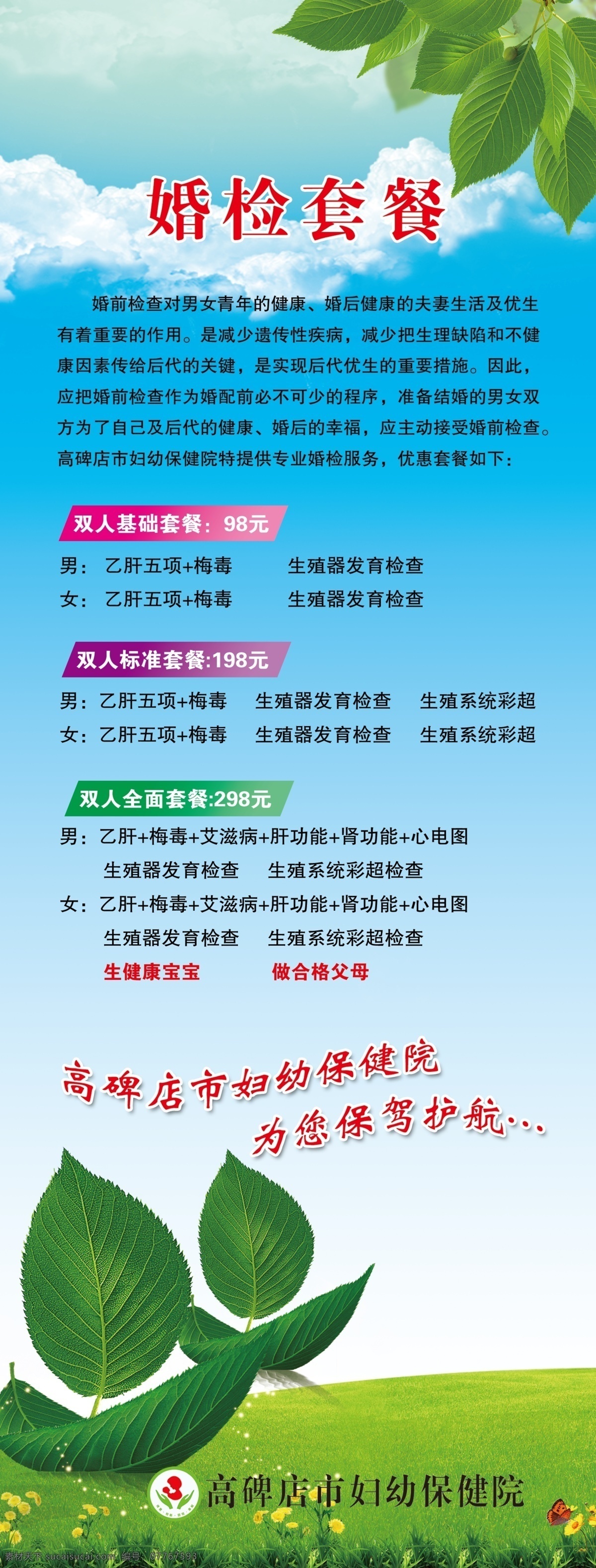 婚前检查套餐 易拉宝 展架 蓝天白云绿叶 绿草地 分层