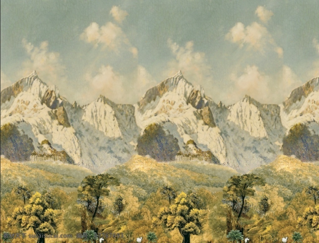 油画 山 楼 树 欧美风 自然景观 自然风光
