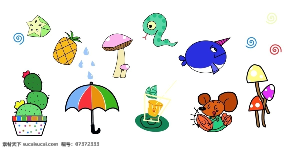 卡通小 儿童相册 模板 卡通 可爱 雨伞 蘑菇 菠萝 蛇 鱼 仙人掌 老鼠 果汁 饮料 影楼相册 分层素材 雨滴 分层