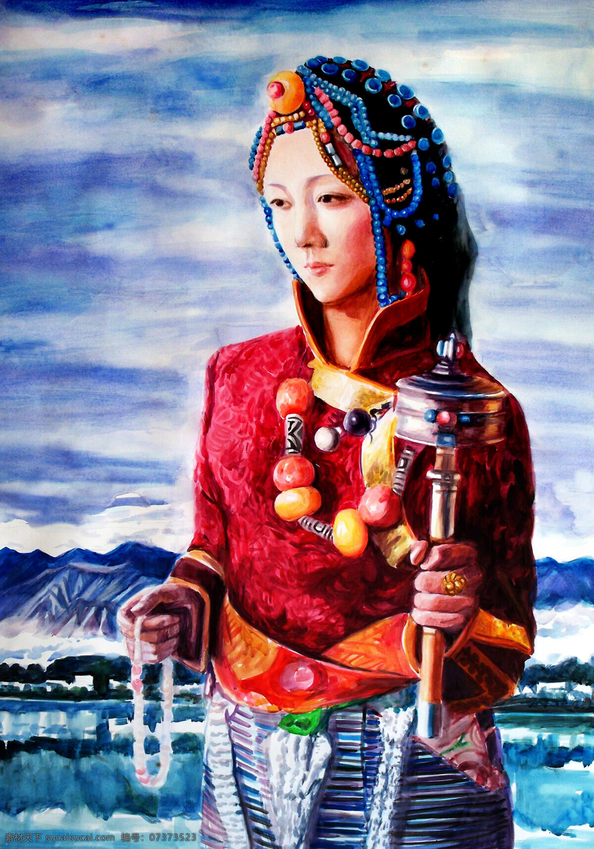 祈福 美术 水彩画 人物画 女人 女子 藏族姑娘 少女 动作 表情 姿势 山岭 水彩画艺术 作品集 绘画书法 文化艺术