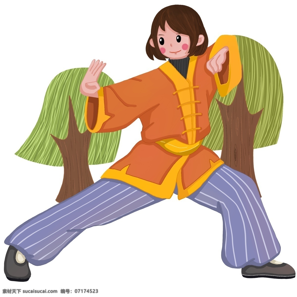 武术健身 小女孩 健身运动插画 健身的小女孩 户外健身 绿色的柳树 垂钓的柳树