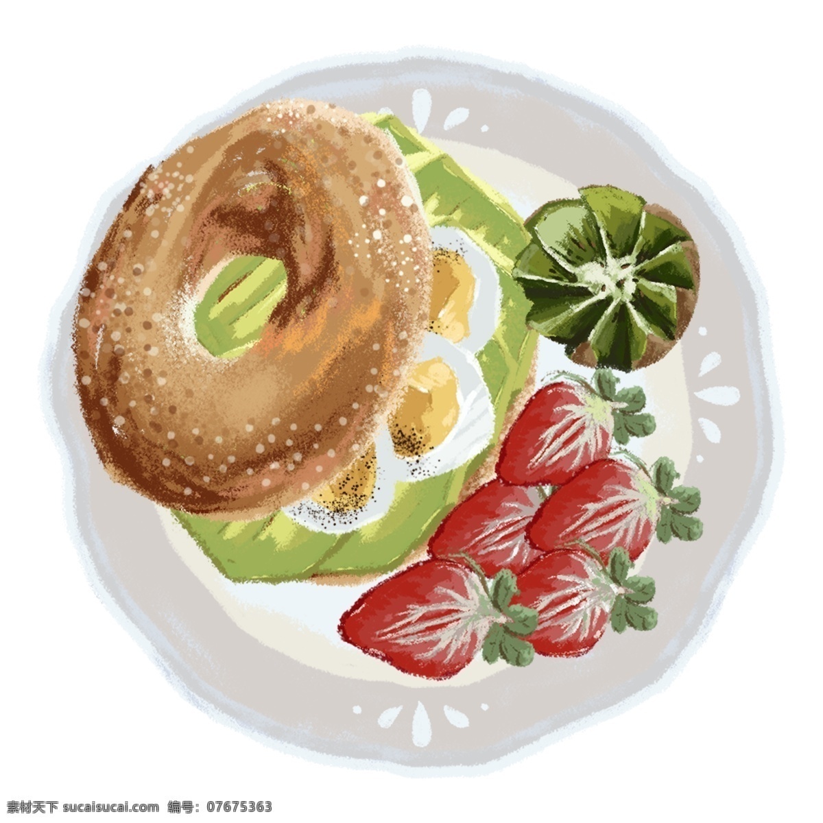 原创 手绘 元素 麦 饼 牛油果 猕猴桃 草莓 煮 蛋 早餐 麦饼 煮蛋 拼盘 装饰图案
