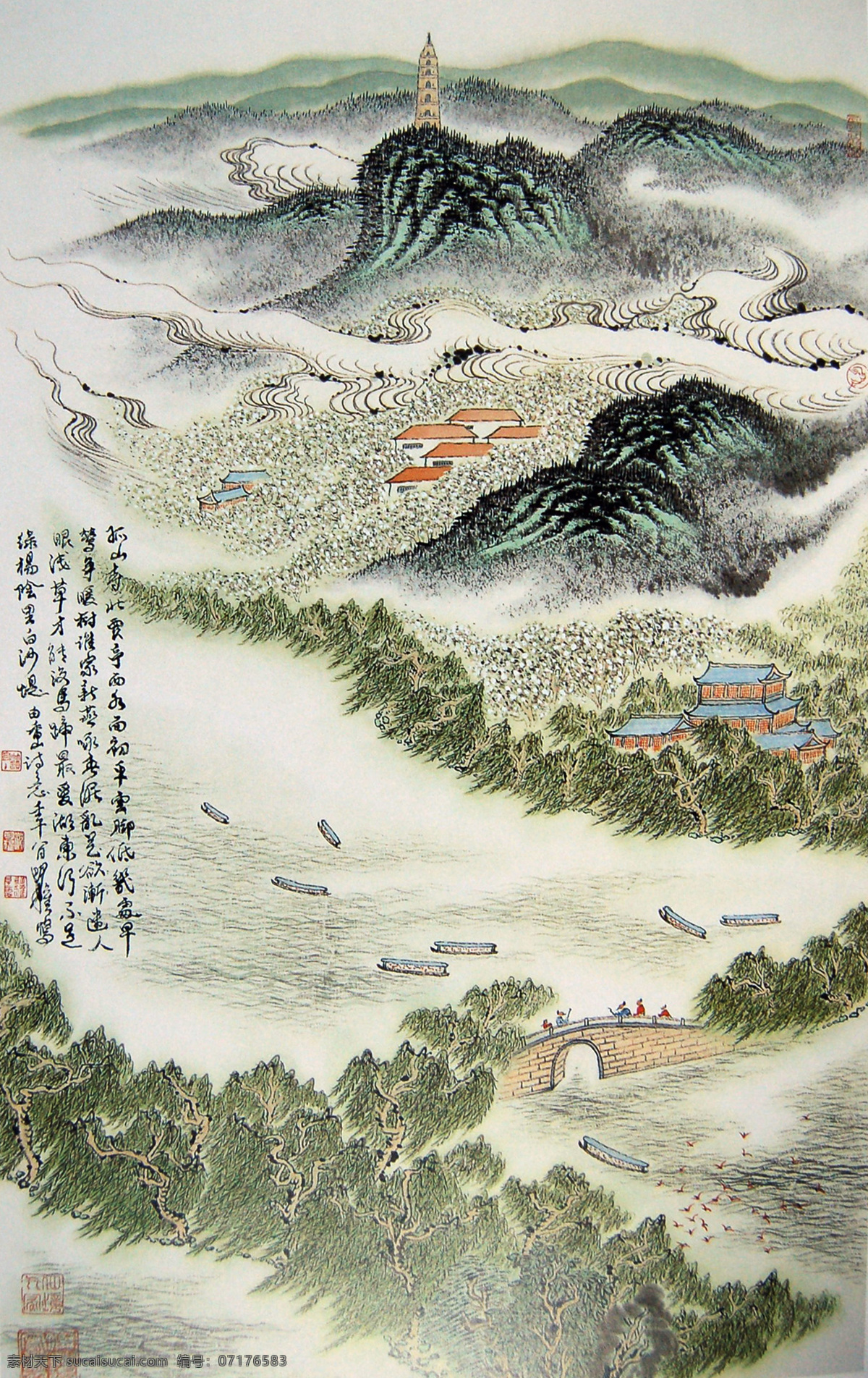 苏堤春晓 苏堤 春晓 西湖 孤山 贾亭 白云 绿树 柳树 游船 桥 游人 灵隐 古典 国画 传世 人物 风景 当代中国画 绘画书法 文化艺术