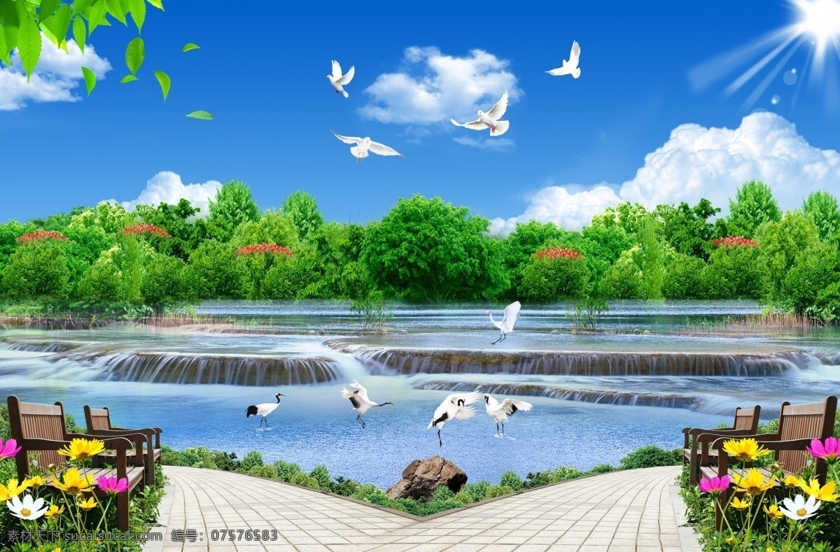 流水风景 风景 蓝天白云 山水风景 自然风景 蓝天 白云 草 花 树 树丛 树叶 落叶 河水 山水 白鸽 鸽子 鹤 仙鹤 流水 石头 座椅 阳光 展板模版 宣传栏 海报 宁静 美景 秀丽风景 壁画 中堂画 挂画 客厅画 大厅画 装饰画 分层 源文件