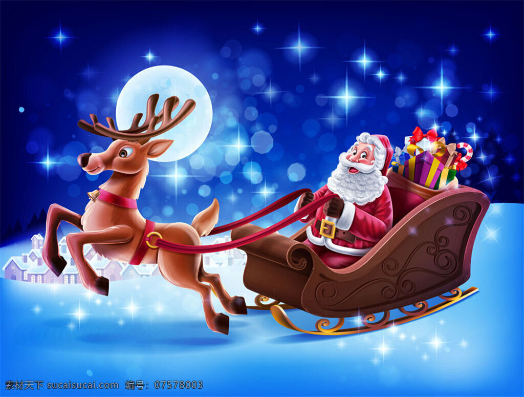 拉雪车的糜鹿 雪车 马车 糜鹿 圣诞老人 月亮 礼物 圣诞夜 圣诞节 矢量