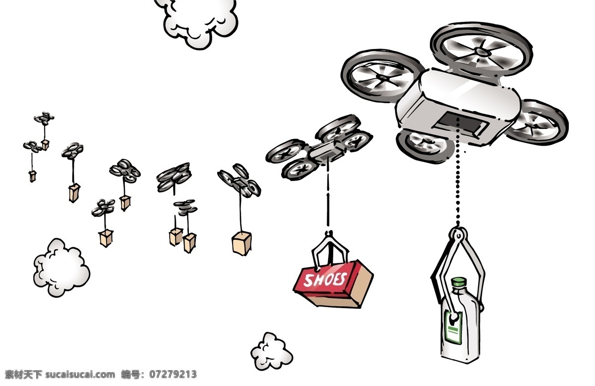 无人机 小型飞机 遥控飞机 直升机 手绘 旋翼 智能无人机 快递工具 侦察 现代科技 交通工具 矢量