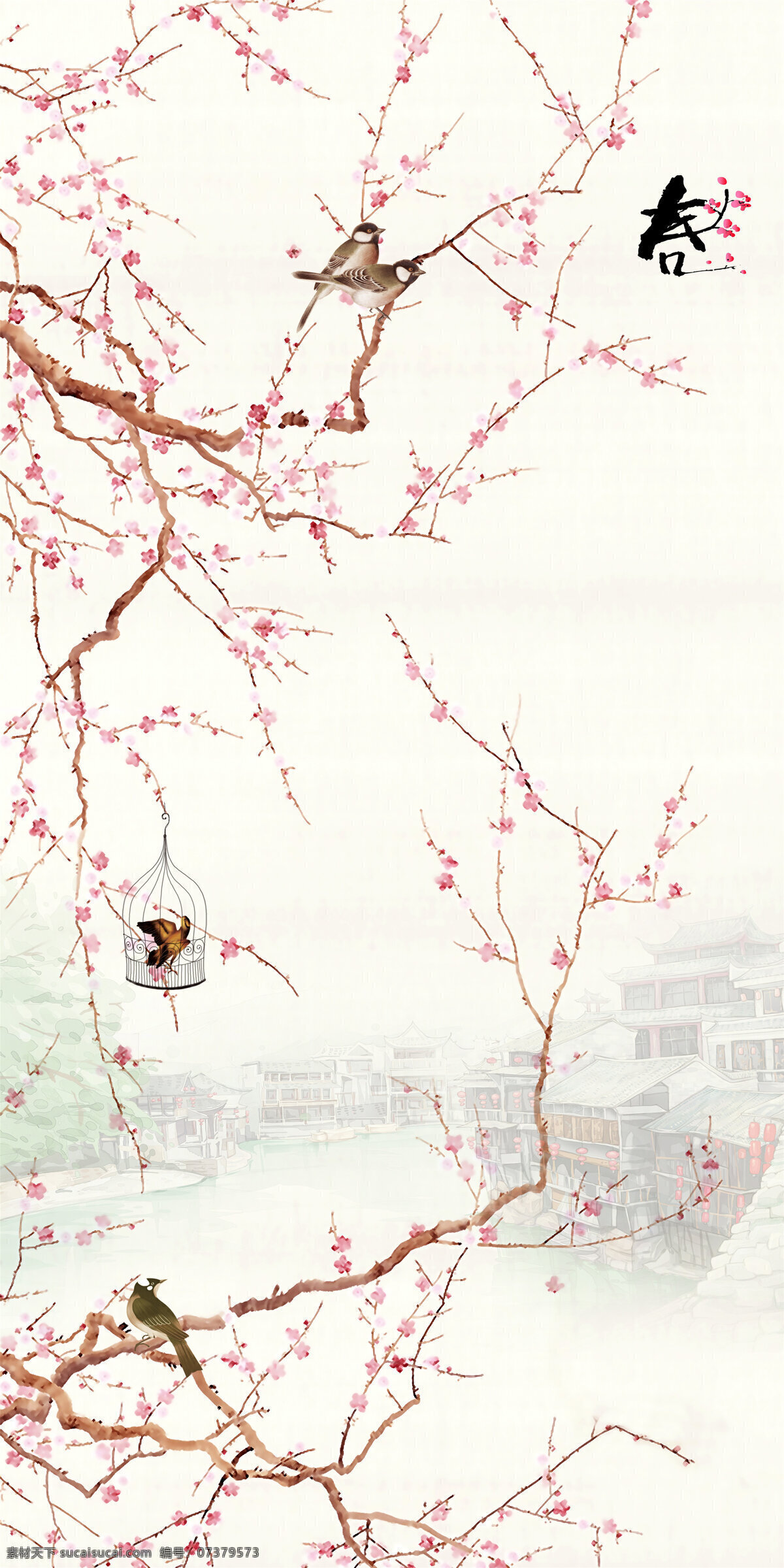 新中式装饰画 花鸟 山脉 手绘 装饰