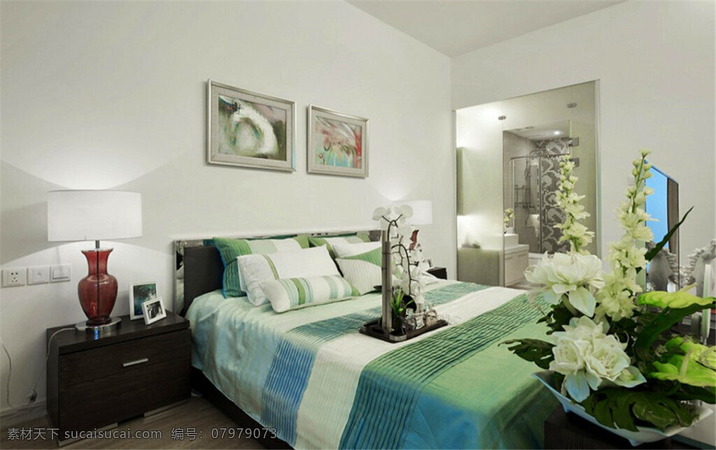 现代 卧室 白色 背景 墙 室内装修 效果图 卧室装修 浅色背景墙 深色地板 深色床头柜