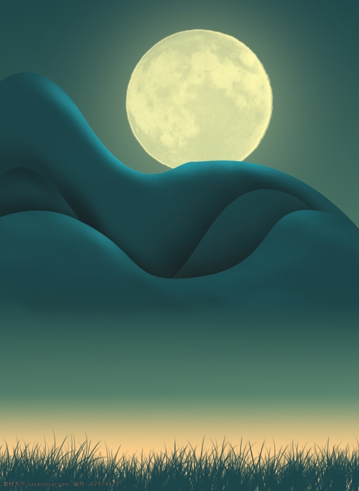 纯 原创 手绘 月下 山峰 背景 纯原创