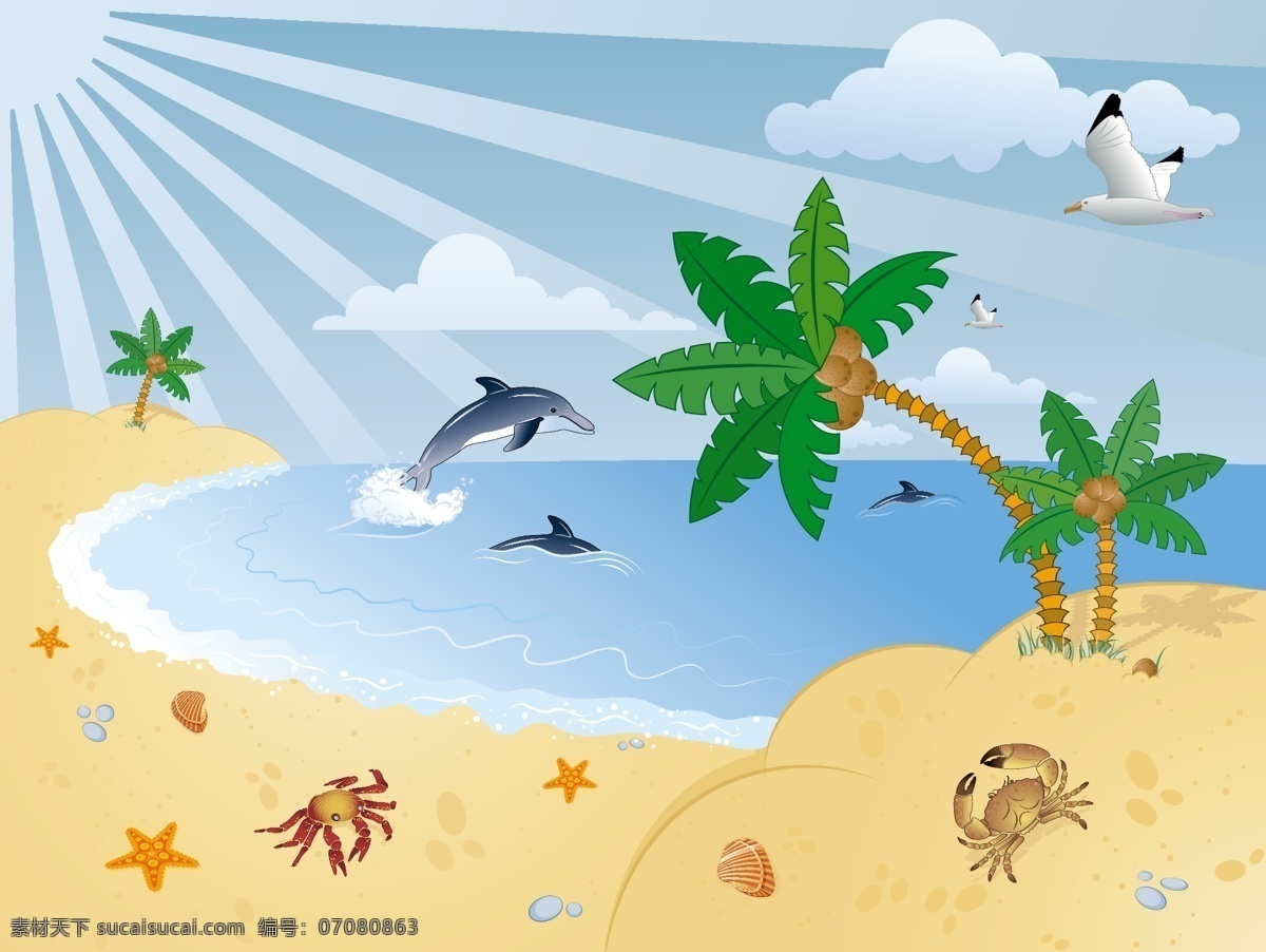 卡通 海边 风光 矢量 海鸥 海豚 海星 怀旧 沙滩 矢量素材 蟹 椰子树 云朵 矢量图 其他矢量图